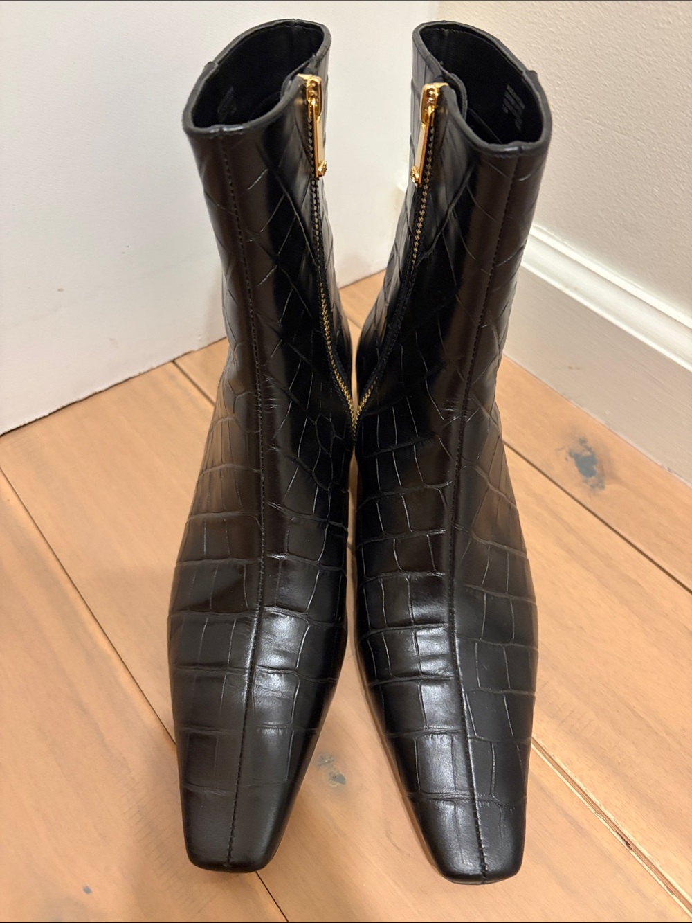 Black Croc-Embossed Ankle Boots with Gold Zipper